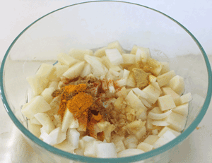Potato Curry ingredients include potatoes, onions, ginger, spices such as chili, cumin and fenugreek powders